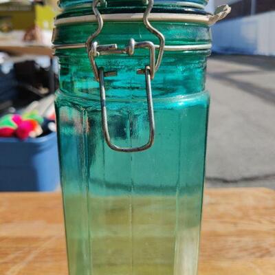 Green/blue glass jar with lid