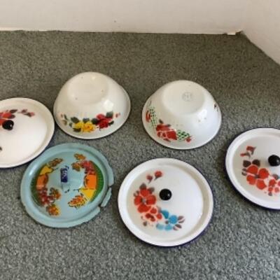 313 Two Small Vintage Enamelware  Bowls with Lids