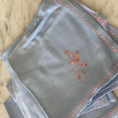  Set of Vintage Embroidered Light Blue Cloth Luncheon Tea Napkins YD#022-0065