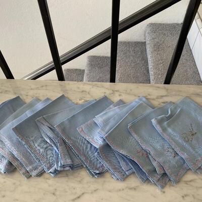  Set of Vintage Embroidered Light Blue Cloth Luncheon Tea Napkins YD#022-0065