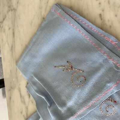  Set of Vintage Embroidered Light Blue Cloth Luncheon Tea Napkins YD#022-0065