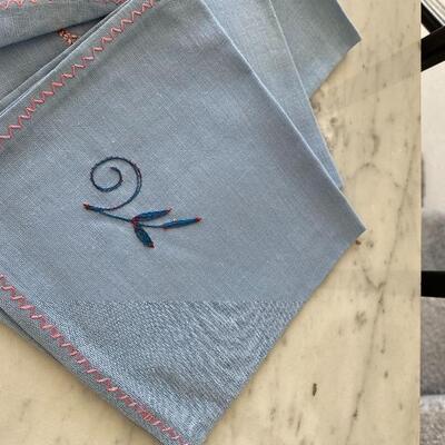  Set of Vintage Embroidered Light Blue Cloth Luncheon Tea Napkins YD#022-0065