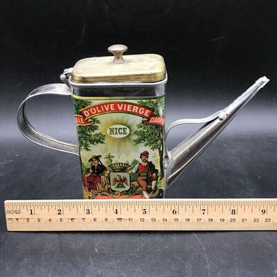 VINTAGE METAL OLIVE OIL CAN WITH SPIGOT AND LID VERCHERIN,  YD# 20-362