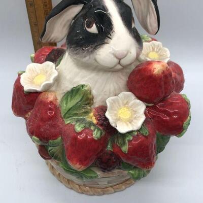Kaldun & Bogle Black & White Rabbit in Strawberry Basket Cookie Biscuit Jar YD#020-1220-00236