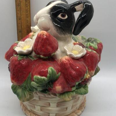 Kaldun & Bogle Black & White Rabbit in Strawberry Basket Cookie Biscuit Jar YD#020-1220-00236