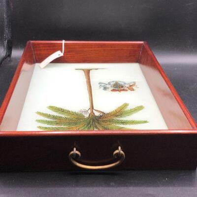 Palm Tree Print Glass & Wood Serving Tray