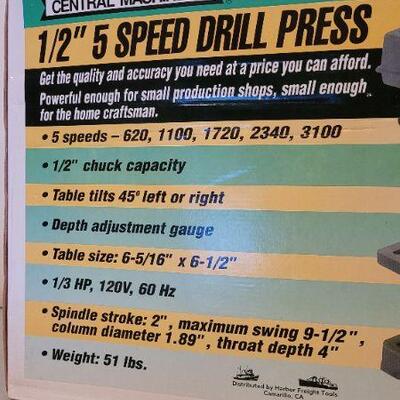 Lot 76: New 1/2" 5 Speed CENTRAL MACHINERY Drill Press 