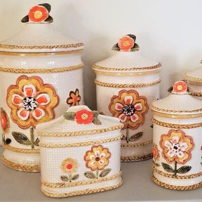 Lot #1  Set of early 1970's Kitchen Canisters w/matching Napkin Holder - Mid Century