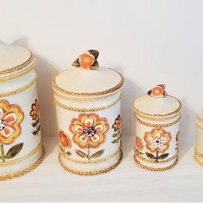 Lot #1  Set of early 1970's Kitchen Canisters w/matching Napkin Holder - Mid Century