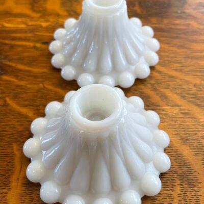 Milk glass jeweled / hobnail candle holder pair 