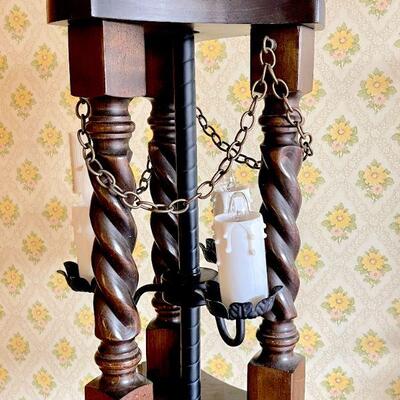 LOT 17 PAIR OF 70s SPANISH REVIVAL DUNGEON SWAG LAMPS WROGHT IRON WOOD & CHAIN 3 FAUX  CANDLES