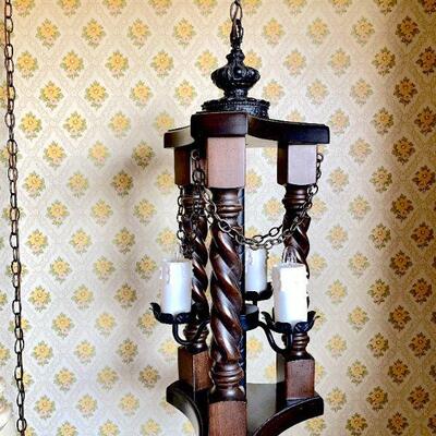 LOT 17 PAIR OF 70s SPANISH REVIVAL DUNGEON SWAG LAMPS WROGHT IRON WOOD & CHAIN 3 FAUX  CANDLES