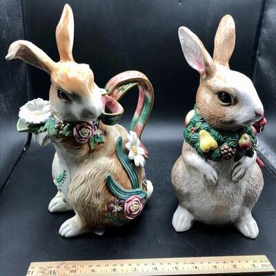 Fitz and Floyd Ceramic Bunny Rabbit Pitcher Pair