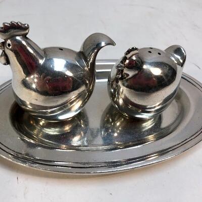Pierre Deux Silverplate Pewter Rooster & Hen Chicken Salt & Pepper Shakers with Tray