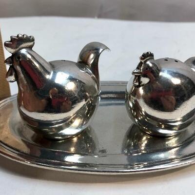 Pierre Deux Silverplate Pewter Rooster & Hen Chicken Salt & Pepper Shakers with Tray