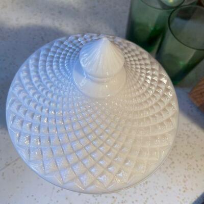 Milk glass lattice hatched candy compote
