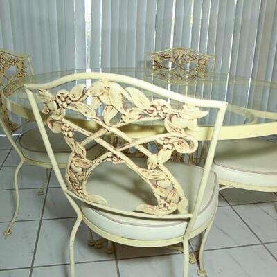 Pale Yellow Citrus Blossom Round Glass & Wrought Iron Table and Chair Set **No Arms** YD#022-0044