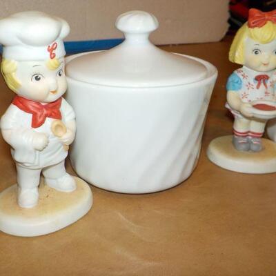 " Corning ware Sugar & Creamer plus Cambell soup figurines."