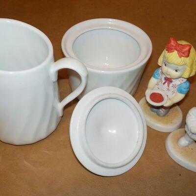 " Corning ware Sugar & Creamer plus Cambell soup figurines."