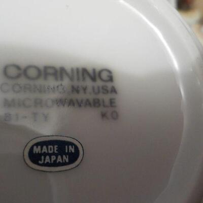 " Corning ware Sugar & Creamer plus Cambell soup figurines."