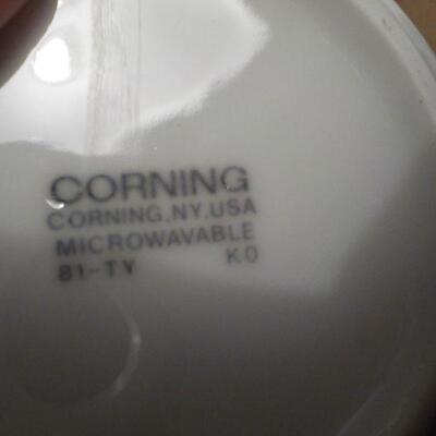 " Corning ware Sugar & Creamer plus Cambell soup figurines."