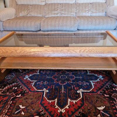 Lot 170: Oak & Glass Coffee Table 48" Ã— 26" Ã— 16"