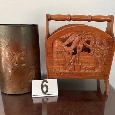 LOT#6MB1: Believed to be Narra Wood Magazine Holder & Longfellow Copper Can