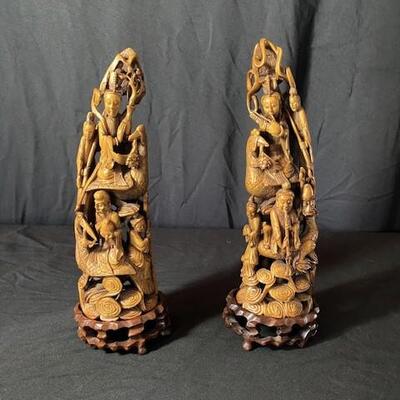 LOT#39LR: Pair of Tea-Stained Carved Ivory Tusks