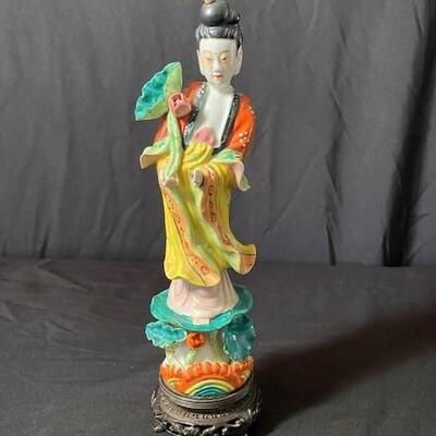 LOT#40LR: Porcelain Figure of a Woman Holding Lotus Blossom