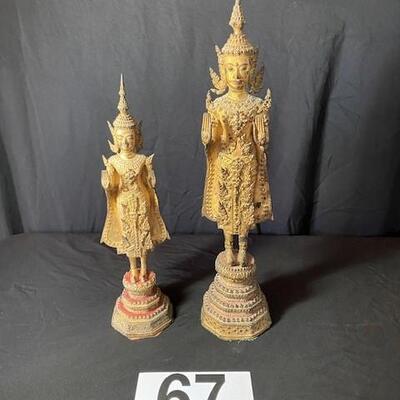 LOT#67LR: Pair of Bronze SE Asian Standing Deities with Gilded Finish