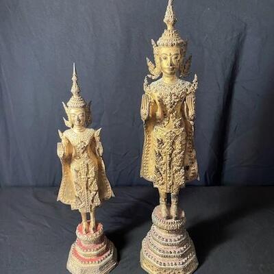 LOT#67LR: Pair of Bronze SE Asian Standing Deities with Gilded Finish