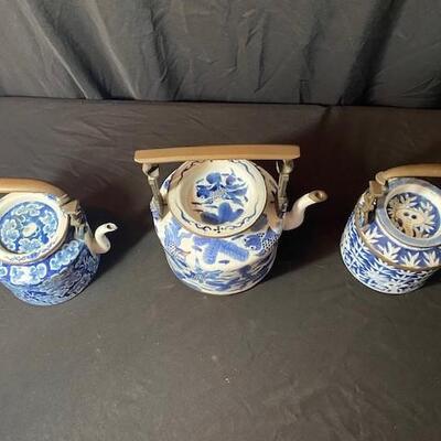 LOT#80LR: Collection of Blue Underglazed Teapots w/ Bronze Handles