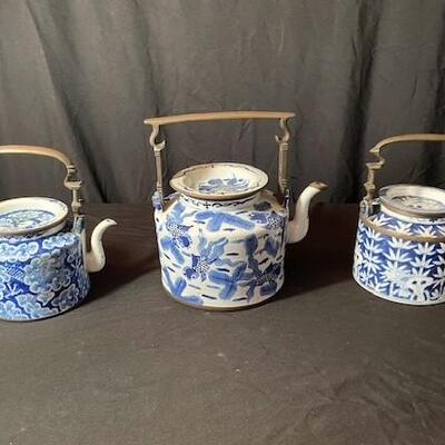 LOT#80LR: Collection of Blue Underglazed Teapots w/ Bronze Handles