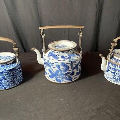 LOT#80LR: Collection of Blue Underglazed Teapots w/ Bronze Handles