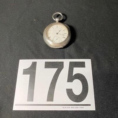 LOT#175J: Heavy Key Wind Elgen Pocket Watch  Dueber Case [179g]