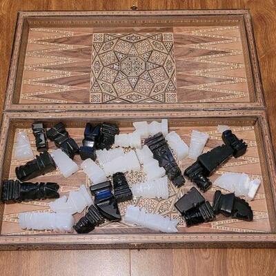 Lot 207:  Persian Mother of Pearl and Wood Inlay Chess and Backgammon Set (one of the Chess pieces has a chip)