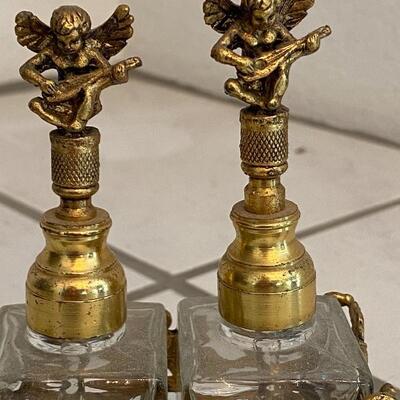 Cherub Top Gold Gilt Brass Perfume Bottles with Holder YD#022-0143