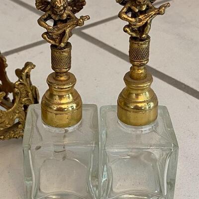 Cherub Top Gold Gilt Brass Perfume Bottles with Holder YD#022-0143