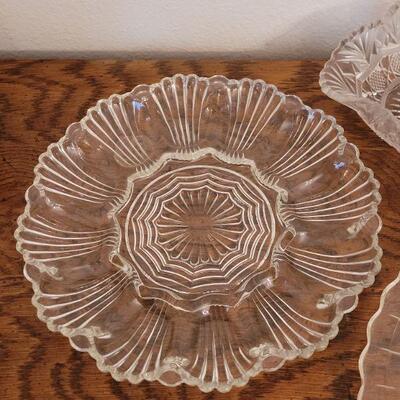 Lot 236: Glass Serving Dishes (Platter, Relish Dish, Bowl and Deviled Egg Plate