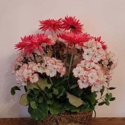 Lot 242: Metal Elephant Basket with Silk Flowers 