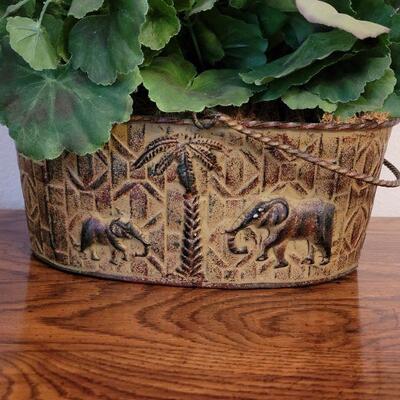 Lot 242: Metal Elephant Basket with Silk Flowers 