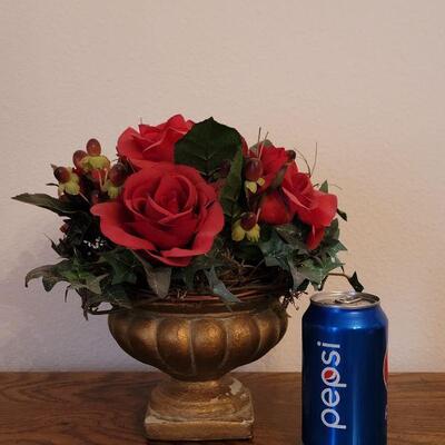 Lot 244: Red Silk Flowers with Decorative Vase (Container is Plastic)