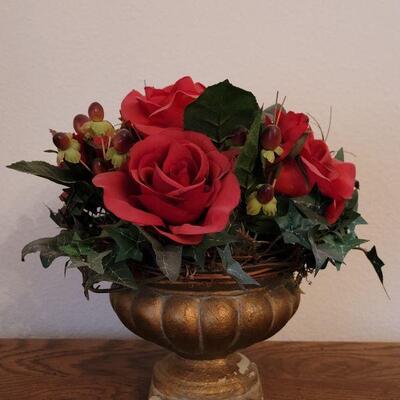 Lot 244: Red Silk Flowers with Decorative Vase (Container is Plastic)
