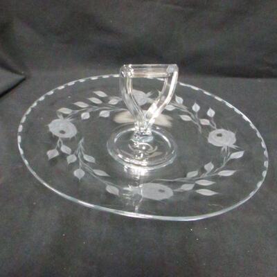Lot 32 -  Clear Crystal Etched Flower Handled Serving Dish