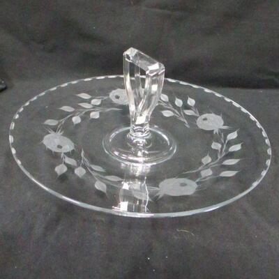 Lot 32 -  Clear Crystal Etched Flower Handled Serving Dish