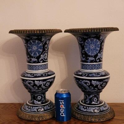 Lot 272: Pair of BOMBAY Brass Trimmed Vases