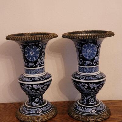 Lot 272: Pair of BOMBAY Brass Trimmed Vases