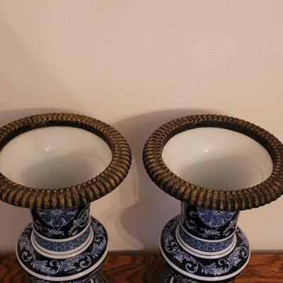 Lot 272: Pair of BOMBAY Brass Trimmed Vases
