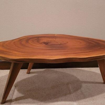 Lot 290:  Mid Century Modern Planed Wood Coffee Table (has 2 cracks in the varnish) 42" Ã— 19" Ã— 16.5"