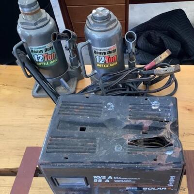 335 Two Pittsburgh Heavy Duty Bottle Jacks and Solar Brand Battery Charger